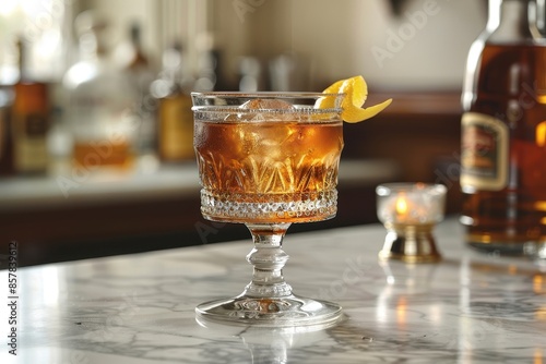 A classic sazerac cocktail in an absinthe-rinsed glass, with rye whiskey, sugar, and Peychaud's bitters, garnished with a lemon twist. photo