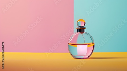 Perfume bottle isolated on aqua pink and yellow background