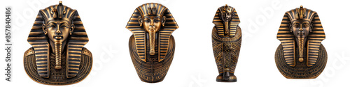Ancient Egyptian pharaoh masks isolated on white background, showcasing intricate details and historical artistry.