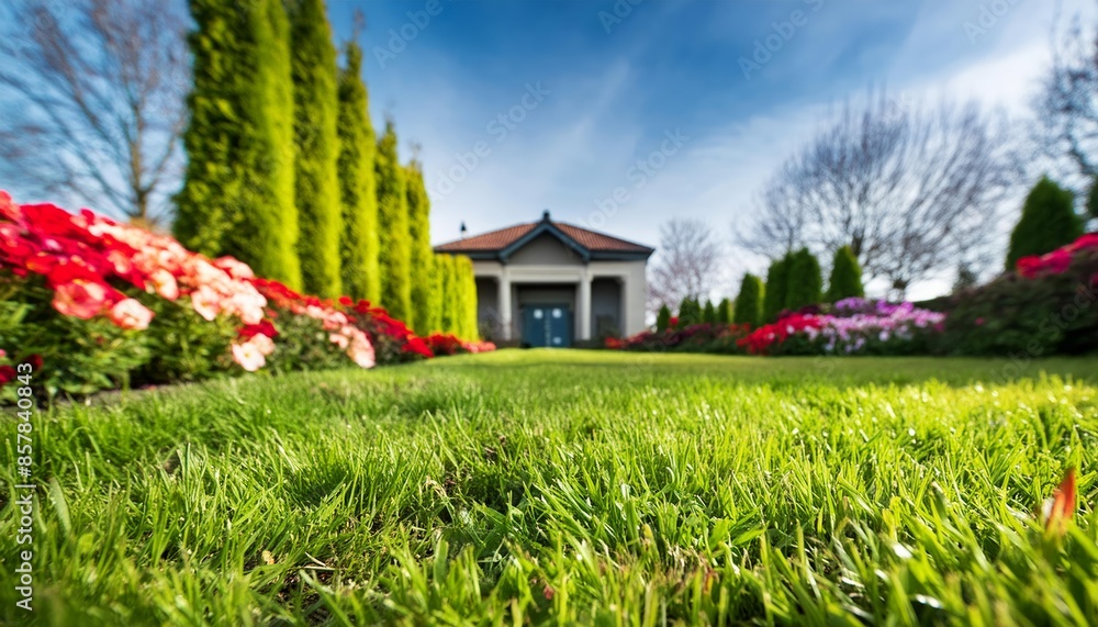 Beautiful backyard with fresh green lawn in the summer sunlight Beautiful backyard with fresh green lawn in the summer sunlight