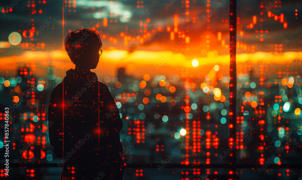 A man is standing in front of a window looking out at the city. The city is lit up with bright lights, creating a sense of energy and excitement. The man is lost in thought A man is standing in front of a window looking out at the city. The city is lit up with bright lights, creating a sense of energy and excitement. The man is lost in thought