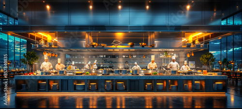 A restaurant kitchen with chefs cooking and preparing food. The kitchen is well lit and has a modern, clean look