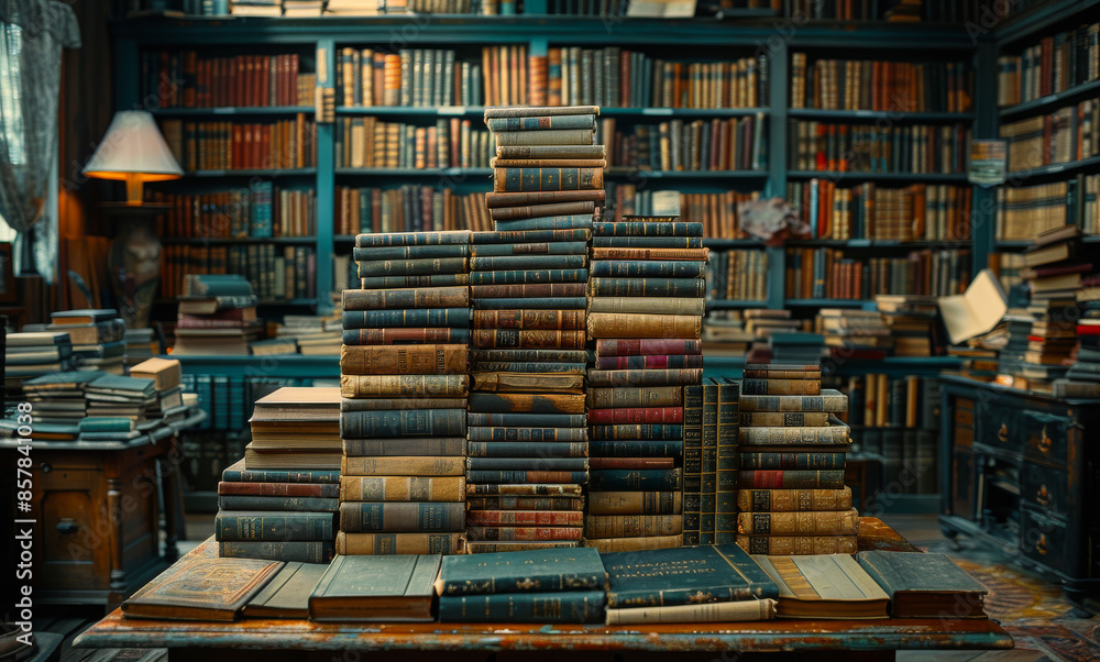 Fototapeta premium A library with a large stack of books on a table. The books are of various sizes and colors, and they are piled up in a way that they seem to be waiting to be read