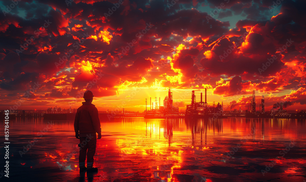 A man stands on a beach looking out at the ocean. The sky is orange and the sun is setting. The man is wearing a jacket and he is alone. A man stands on a beach looking out at the ocean. The sky is orange and the sun is setting. The man is wearing a jacket and he is alone.