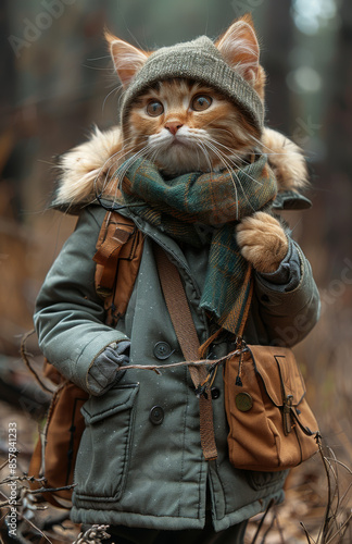 A cat wearing a green hat and a scarf is standing in a forest. The cat is carrying a backpack and a brown messenger bag