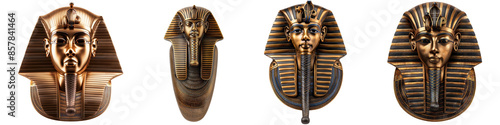 Four detailed ancient Egyptian pharaoh facemasks in various designs, showcasing historical art and intricate craftsmanship transparent background.