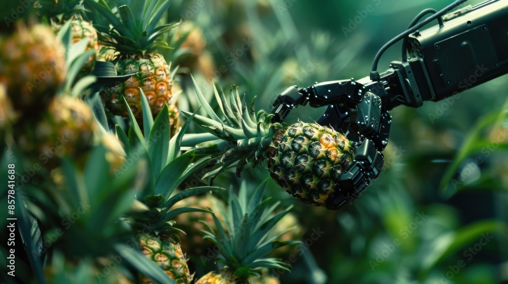 Obraz premium Robotic Arm Picking Pineapple in a Lush Green Plantation