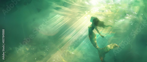 Wallpaper Mural Worms-eye view, underwater scene featuring a stunning mermaid with a luminous tail, beams of light, front view, blur background, watercolor art, soft yet striking details Torontodigital.ca