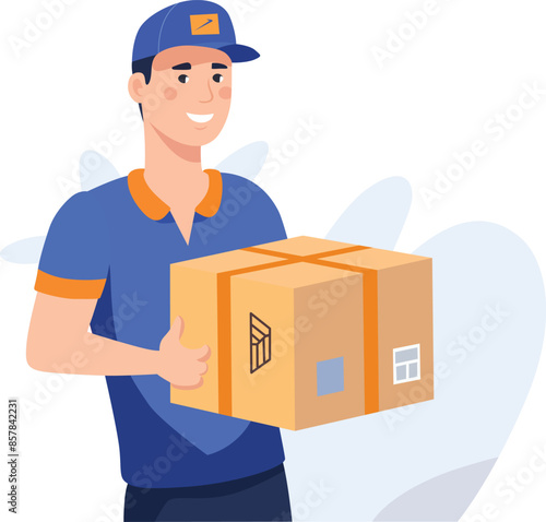 a delivery boy with a box package in his hand a courier boy concept flat vector illustration