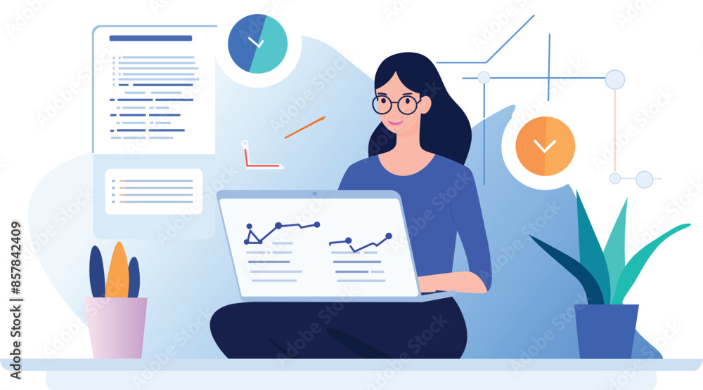 a woman sits at a desk with a computer and a picture of a man working on it flat vector illustration a woman sits at a desk with a computer and a picture of a man working on it flat vector illustration