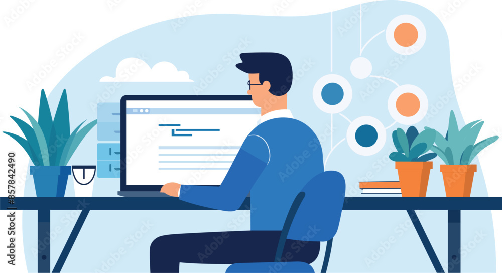 a man sits at a desk with a computer and a picture of a man working on it flat vector illustration