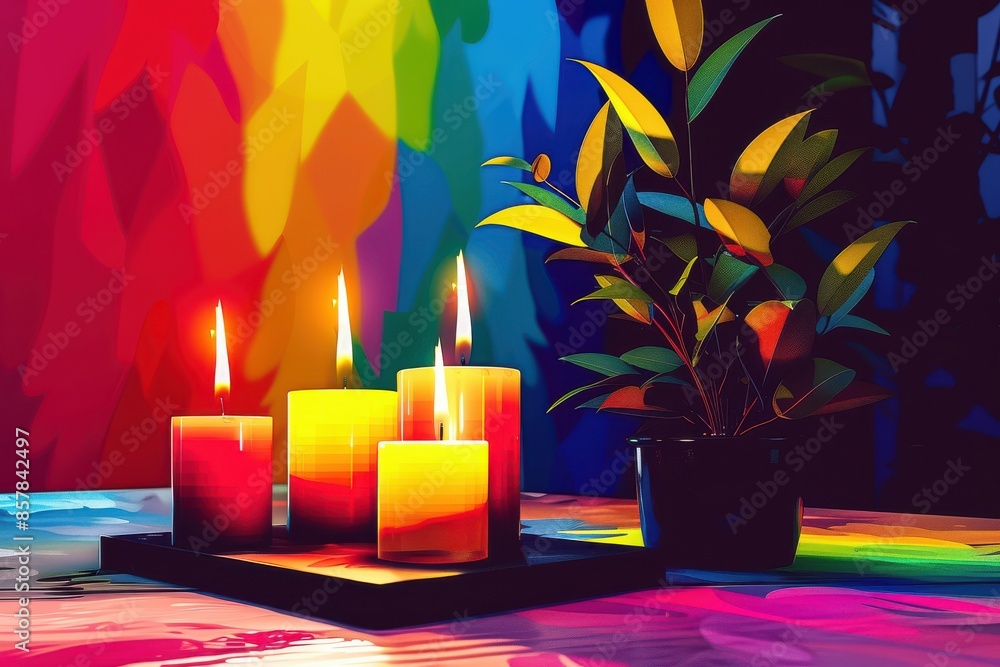 Group of candles of different sizes on a table against the background of rainbow colors. Group of candles of different sizes on a table against the background of rainbow colors.