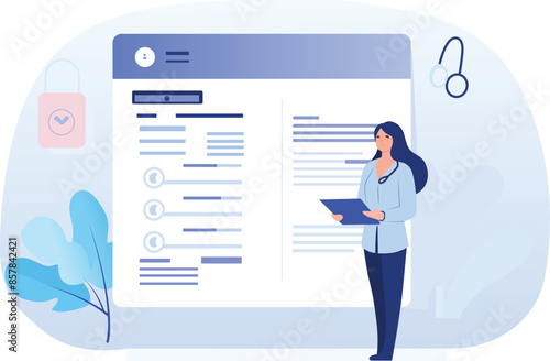 a woman nurse stands in front of a sign that displays the medical report flat vector illustration