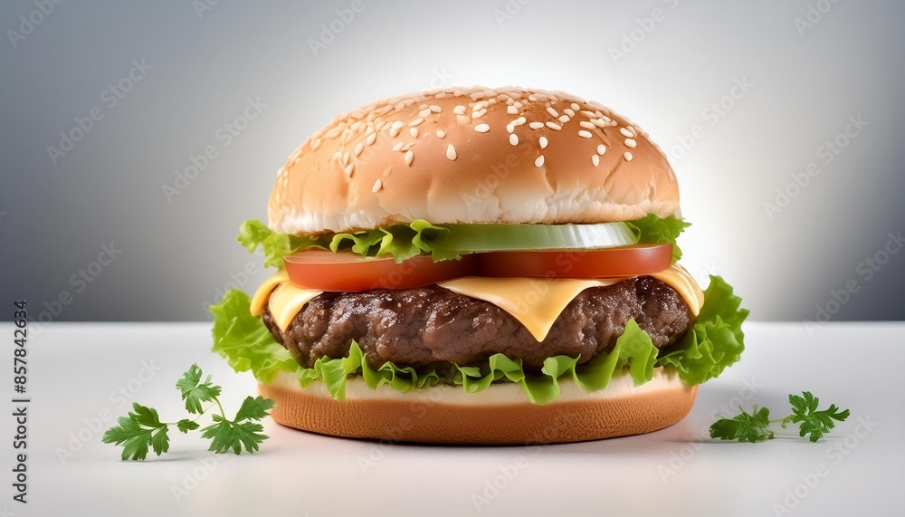 Beef burger on a white background, studio shot with soft lighting Beef burger on a white background, studio shot with soft lighting