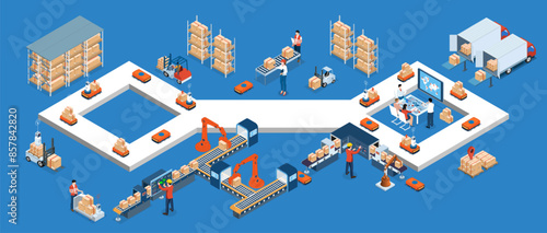 Smart warehouse and Automated warehouse technology with  Automation System and Autonomous Robot Transportation operation service. Vector illustration eps10