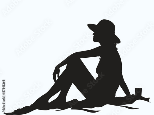 Summer vacation motif featuring a woman sitting by the seaside or beach side with the silhouette of a palm tree in the background.