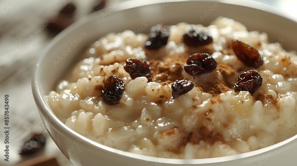 A bowl of creamy fast food vegan rice pudding topped with cinnamon and raisins A bowl of creamy fast food vegan rice pudding topped with cinnamon and raisins