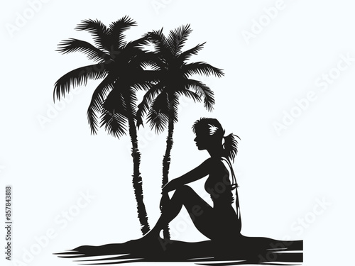 Summer vacation motif featuring a woman sitting by the seaside or beach side with the silhouette of a palm tree in the background.