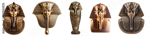 Set of five pharaoh masks depicting ancient Egyptian artifacts, perfect for historical, educational, and museum-themed projects transparent background.
