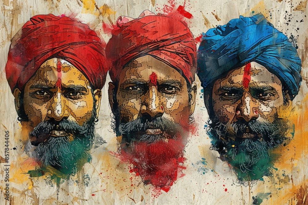 Obraz premium Close up of a color festival scene in india, face with colors on colored background