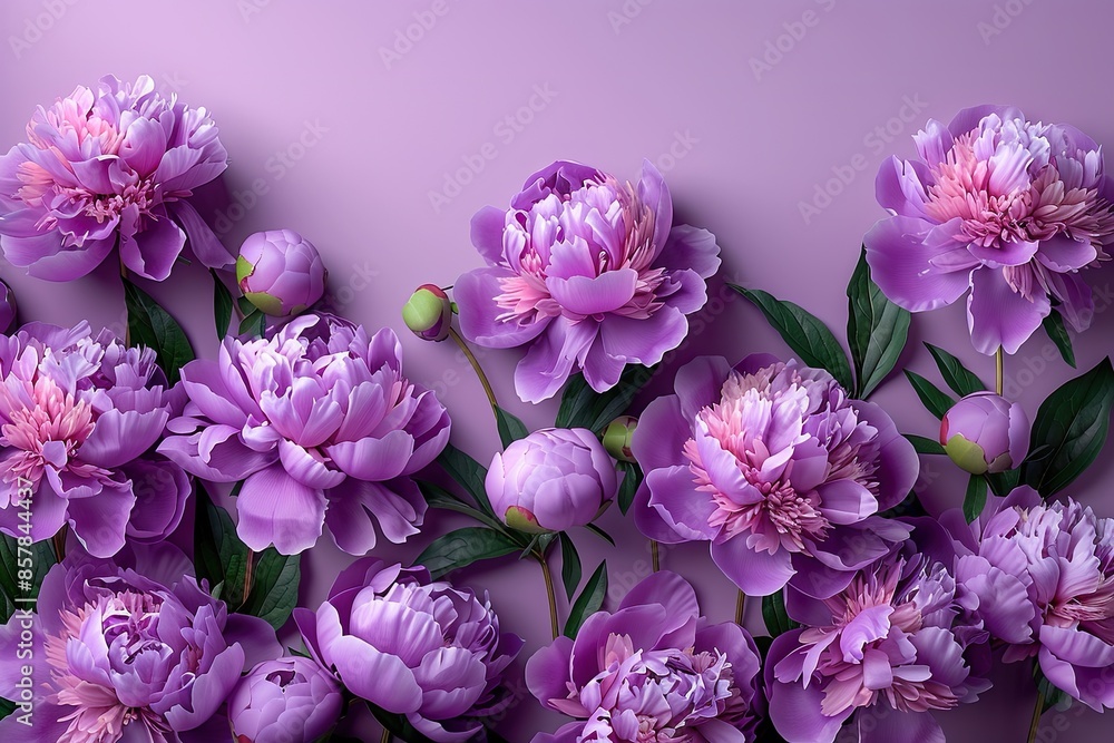 Fototapeta premium Beautiful Pink Peony Flowers Arranged on Lavender Background