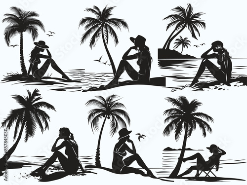 Summer vacation motif featuring a woman sitting by the seaside or beach side with the silhouette of a palm tree in the background.