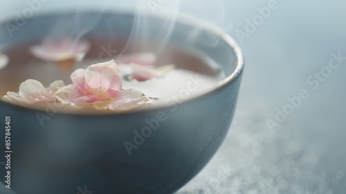 A calming, steaming cup of tea with delicate flower petals floating on the surface, creating a serene and soothing atmosphere.