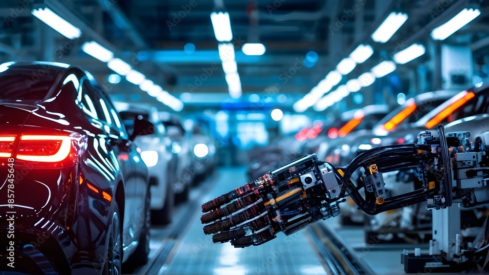 Automotive manufacturing line with cars and robotic arm, modern factory concept. Generative AI Automotive manufacturing line with cars and robotic arm, modern factory concept. Generative AI