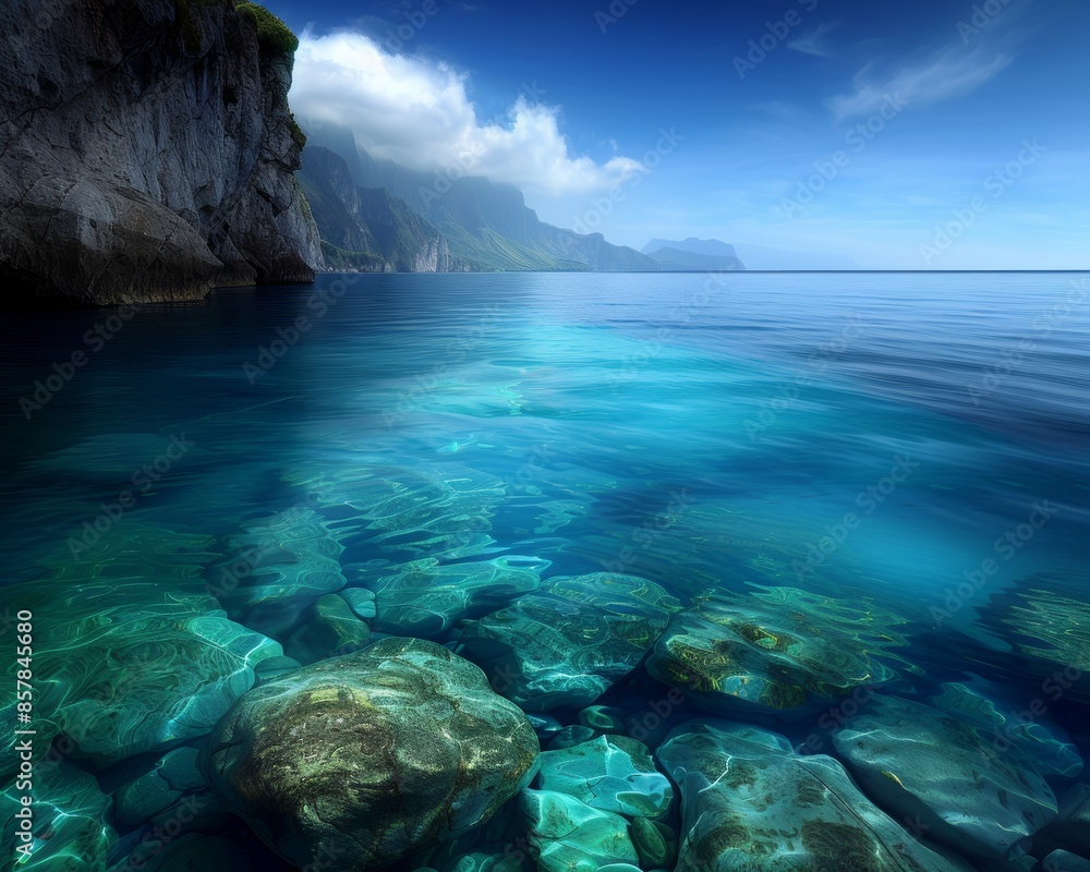 Crystal clear blue water with rocks beneath, tranquil sea under blue sky and cliffs in the distance, exuding serenity and natural beauty. Crystal clear blue water with rocks beneath, tranquil sea under blue sky and cliffs in the distance, exuding serenity and natural beauty.