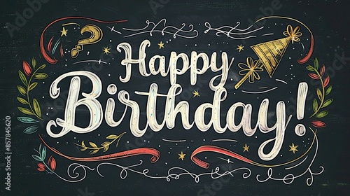 Classic chalkboard birthday caption with colorful decorations and candles