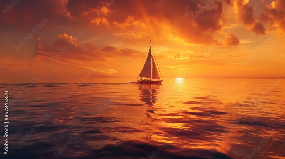 Fototapeta premium A lone sailboat on a calm ocean at sunset with a vibrant orange sky