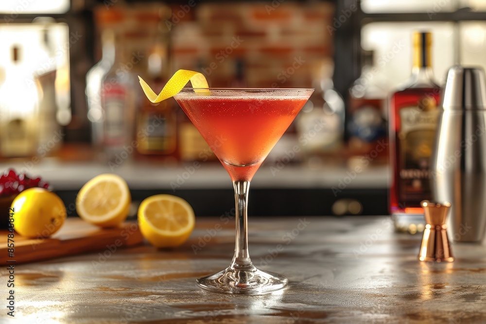 A cosmopolitan cocktail in a stemmed martini glass, with a twist of lemon peel on the rim. A cosmopolitan cocktail in a stemmed martini glass, with a twist of lemon peel on the rim.
