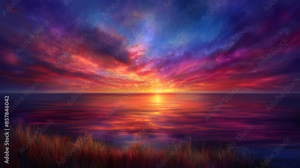 A stunning, colorful sunset over a calm ocean with vibrant clouds, creating a breathtaking and serene atmosphere for viewers. A stunning, colorful sunset over a calm ocean with vibrant clouds, creating a breathtaking and serene atmosphere for viewers.