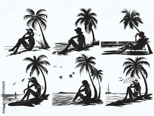 Summer vacation motif featuring a woman sitting by the seaside or beach side with the silhouette of a palm tree in the background.