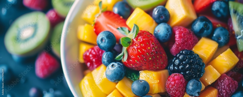 Colorful tropical fruit salad mix featuring a vibrant assortment of fresh fruits and berries Colorful tropical fruit salad mix featuring a vibrant assortment of fresh fruits and berries