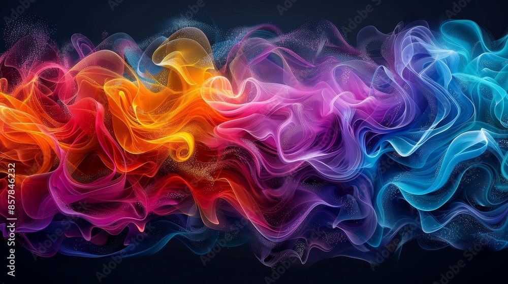 Obraz premium Abstract colorful smoke on dark background with vibrant hues of red, orange, purple, blue, and green. Perfect for modern and creative design projects.
