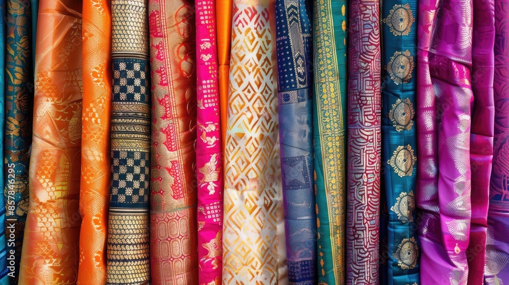 Colorful Rolls of Fabric with Intricate Patterns Colorful Rolls of Fabric with Intricate Patterns