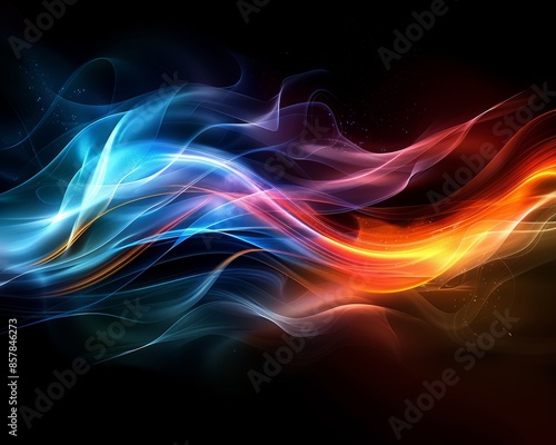 Abstract colorful waves of light in motion with vibrant blue, purple, and orange hues on a black background, creating a dynamic and energetic visual.