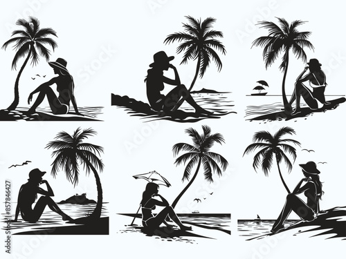 Summer vacation motif featuring a woman sitting by the seaside or beach side with the silhouette of a palm tree in the background.