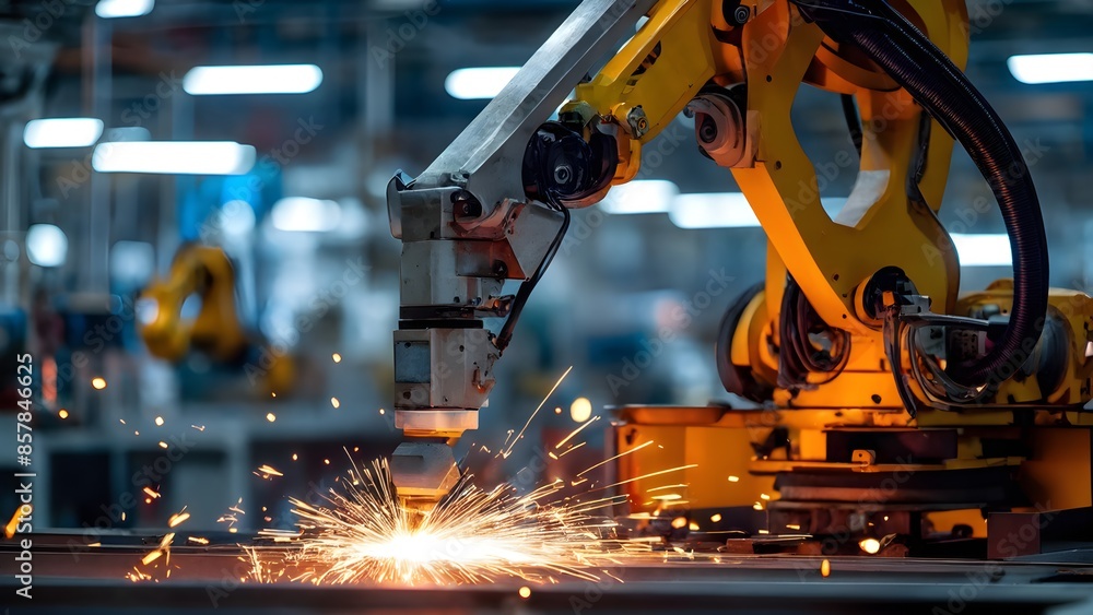 Industrial robot welding in state-of-the-art autonomous factory. Generative AI Industrial robot welding in state-of-the-art autonomous factory. Generative AI