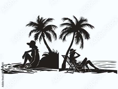Summer vacation motif featuring a woman sitting by the seaside or beach side with the silhouette of a palm tree in the background.