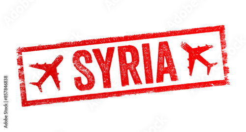 Syria - is a country in West Asia located in the Eastern Mediterranean and the Levant, text emblem stamp with airplane