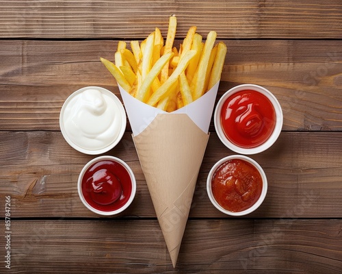 Crispy french fries served in a paper cone with cups of ketchup, mayonnaise, and sauce on a wooden table.