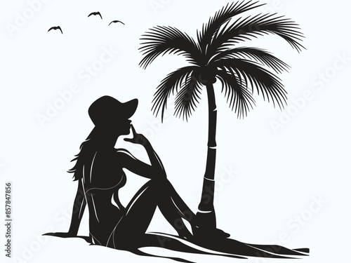 Summer vacation motif featuring a woman sitting by the seaside or beach side with the silhouette of a palm tree in the background.