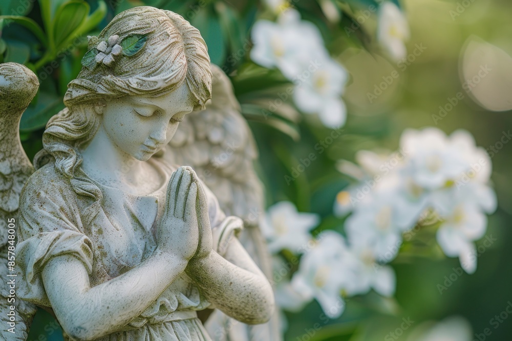 Angel statue with white flowers on blurry green background. ai generative Angel statue with white flowers on blurry green background. ai generative