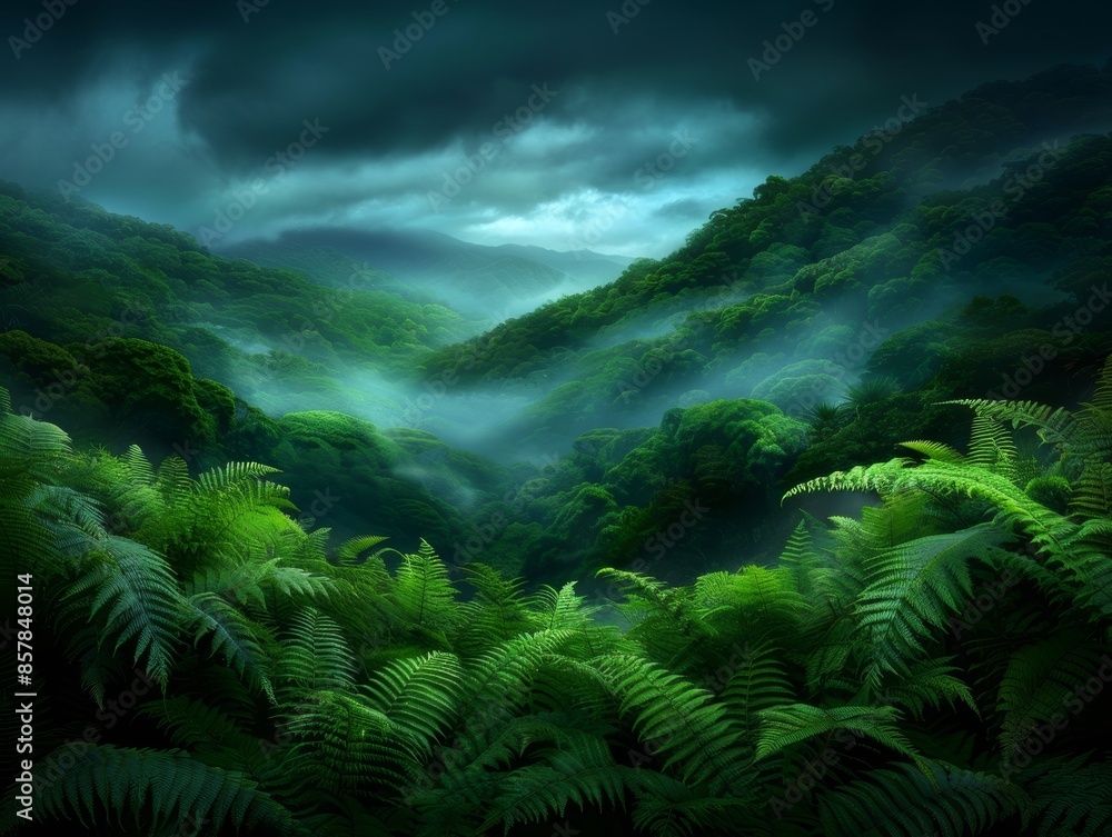 Lush green ferns and misty valleys under dramatic cloudy skies in a tranquil rainforest setting, perfect for nature and tranquility themes. Lush green ferns and misty valleys under dramatic cloudy skies in a tranquil rainforest setting, perfect for nature and tranquility themes.