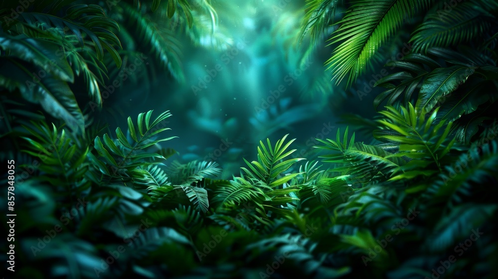 Lush green tropical rainforest with dense foliage and sunlight piercing through, creating a mystical and serene atmosphere. Lush green tropical rainforest with dense foliage and sunlight piercing through, creating a mystical and serene atmosphere.
