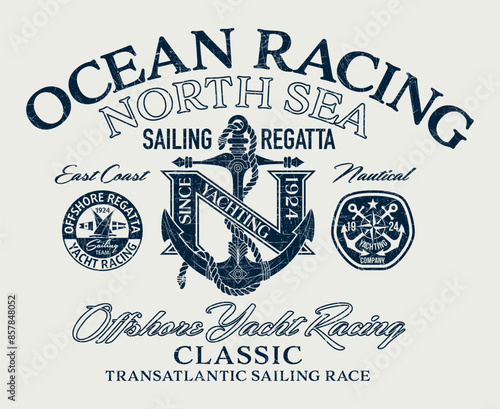 North Sea yacht racing sailing regatta vintage vector print for marine wear t shirt grunge effect in separate layer