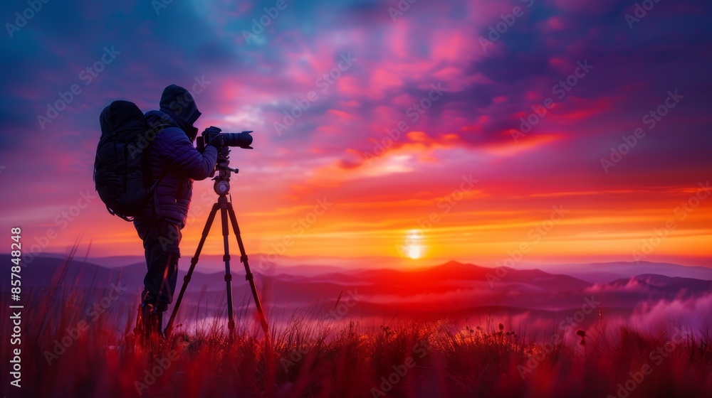 Photographer capturing a vibrant sunset over a scenic landscape with a DSLR camera on a tripod in the foreground. Stunning sky colors. Photographer capturing a vibrant sunset over a scenic landscape with a DSLR camera on a tripod in the foreground. Stunning sky colors.