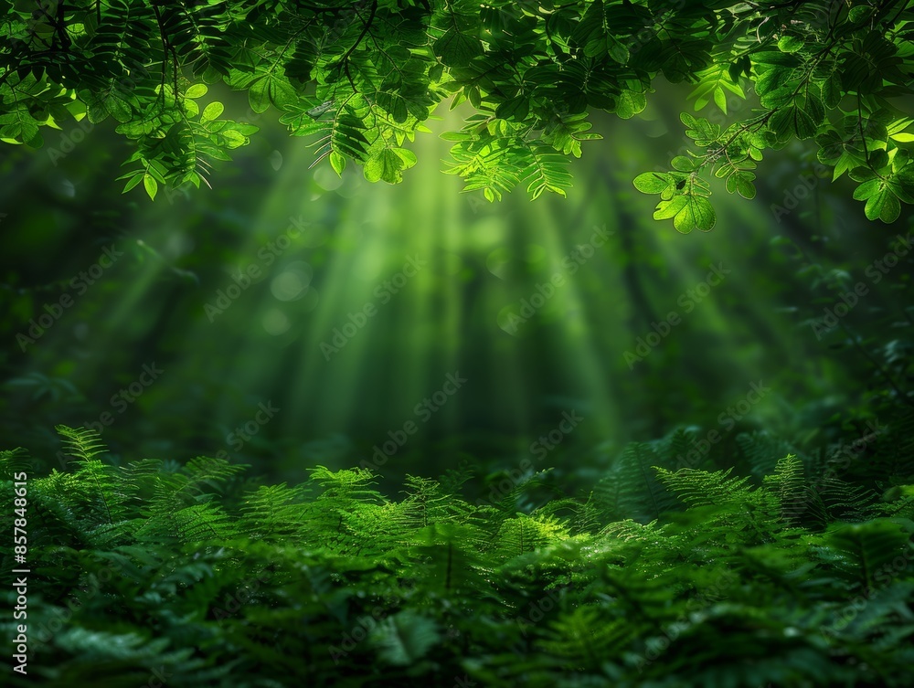 Fototapeta premium Sunlight filters through lush green foliage in a serene forest, casting a magical glow on the vibrant ground cover below.
